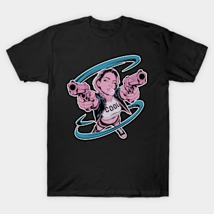 Badass Girl Blowing Bubble With Guns Pointed Up T-Shirt